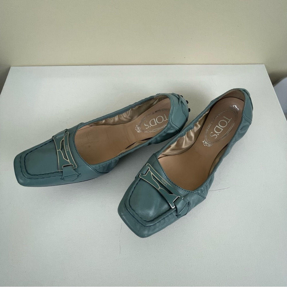 Tod’s Square Toe Ballet Flats Buckle Blue Leather